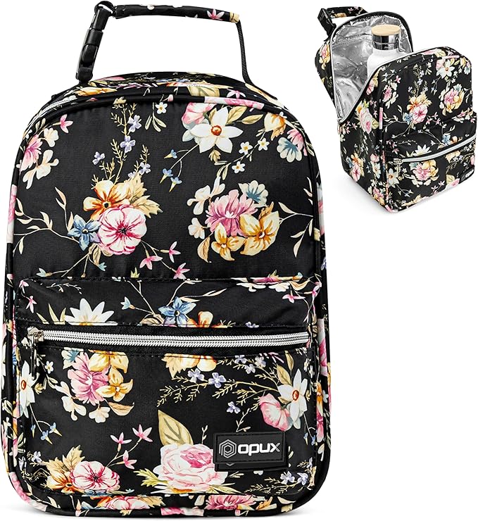 opux Lunch Box for Girls Boys Kids, Insulated Leakproof Lunch Bag, Reusable Teen Lunch Boxes for School, Medium Large lunchbox for Women Men Adult for Work with Front Back Pocket (Floral Black)