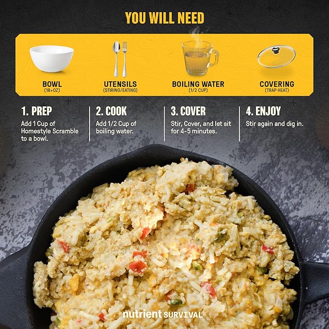 Nutrient Survival MRE Homestyle Scramble Eggs, Ready to Eat Meals (10 Servings) Freeze Dried Prepper Supplies & Emergency Food Supply, 40 Essential Nutrients, Shelf Stable Up to 25 Years, One Can