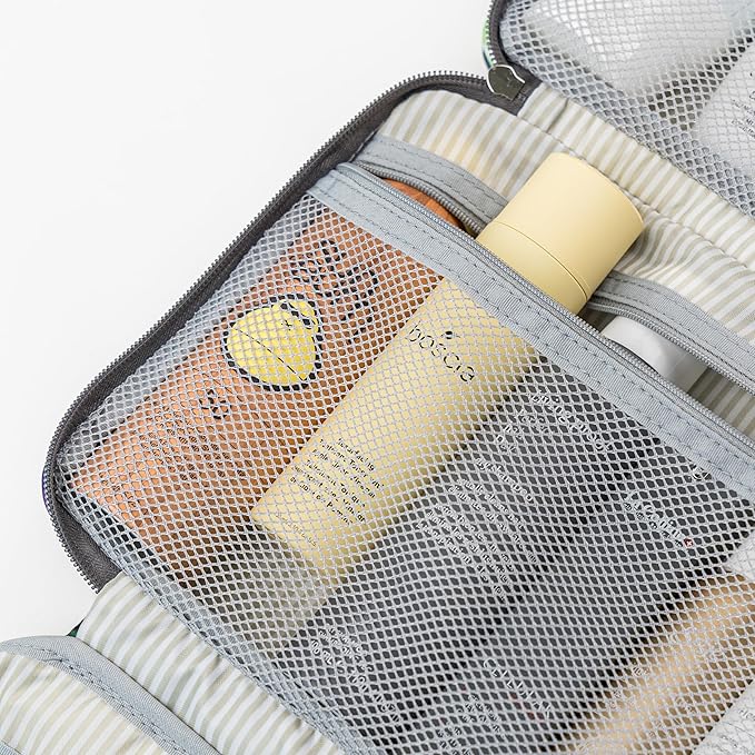 PAVILIA Hanging Toiletry Bag Travel Bag Women Men, Foldable Cosmetic Organizer, Roll up Makeup Bag, Water Resistant Accessories Toiletries, Large Travel Essentials Kit (Grey Floral)