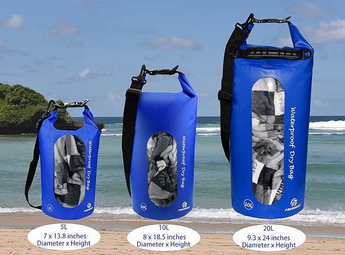 Waterproof Dry Bags Set Of 3 Dry Bag With 2 Zip Lock Seals & Detachable Shoulder Strap, Waist Pouch & Phone Case - Can Be Submerged Into Water - For Swimming (Navy Blue(Window), 5L)
