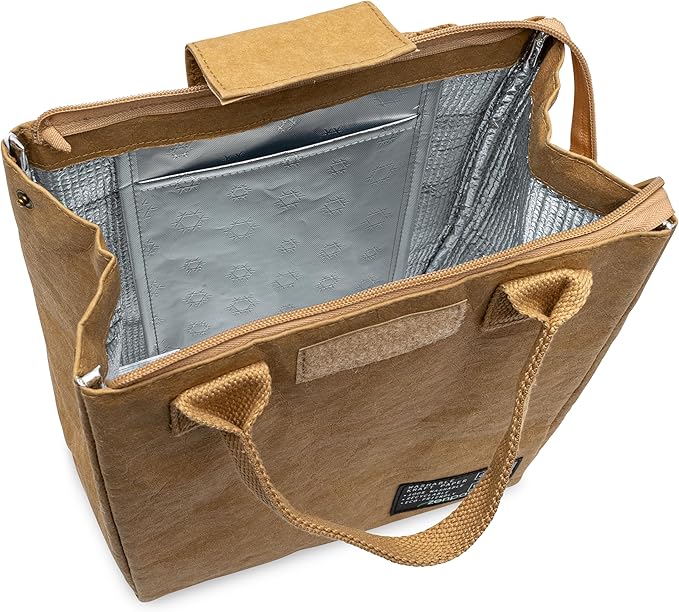 ZENPAC Brown Insulated Lunch Bags with Handles, Washable Kraft Luchbox for Men, Women, Water Resistant Cooler for Beverages, Work, School, 8.5x5.5x9.5