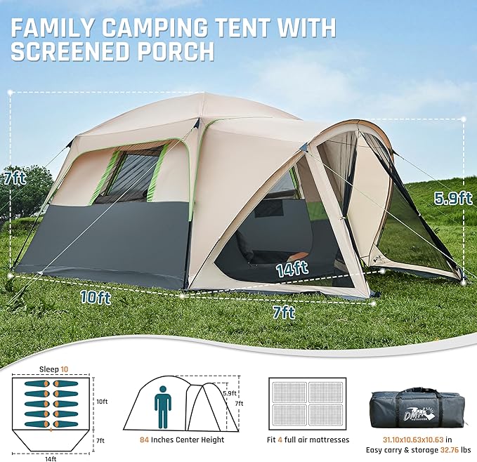 Tents for Camping 6/10 Person Camping Tent with Screen Porch, Weatherproof Large Cabin Tent with Rainfly and Carry Bag, Family Tent for Outdoor Camping and Backyard