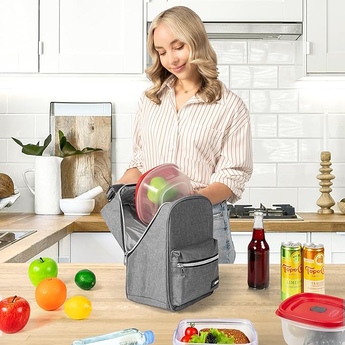 opux Lunch Box for Girls Boys Kids, Insulated Leakproof Lunch Bag, Reusable Teen Lunch Boxes for School, Medium Large lunchbox for Women Men Adult for Work with Front Back Pocket (Gray)