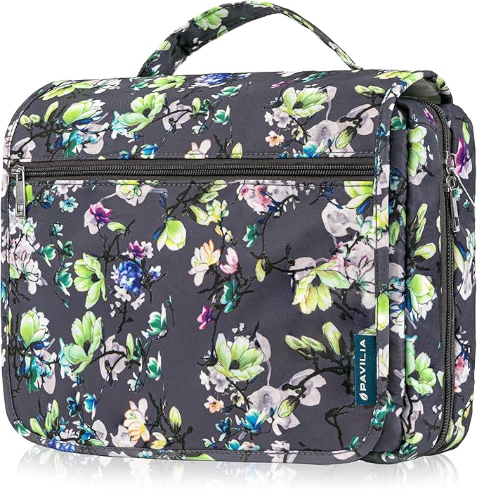 PAVILIA Hanging Toiletry Bag Women Men, Foldable Cosmetic Organizer Travel Bag, Water Resistant Makeup Bag Toiletries, Large Travel Essentials Kit (Grey Floral)