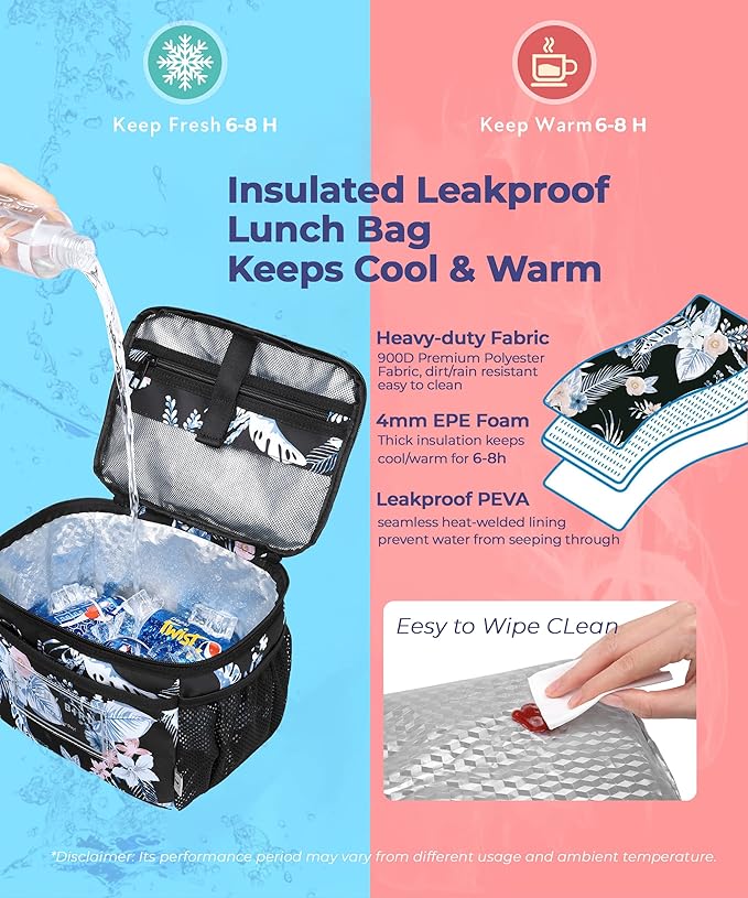 SUNNY BIRD Insulated Lunch Bag with Foldable and Leakproof Design, Thermally Insulated, Shoulder Strap for Women, Men and Teen (Hibiscus)