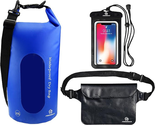 Waterproof Dry Bags Set of 3 Dry Bag with 2 Zip Lock Seals & Detachable Shoulder Strap, Waist Pouch & Phone Case - Can Be Submerged Into Water - for Swimming (Navy Blue(Window), 20L)