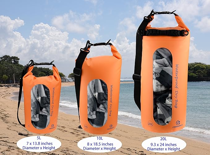 Waterproof Dry Bags Set of 3 Dry Bag with 2 Zip Lock Seals & Detachable Shoulder Strap, Waist Pouch & Phone Case - Can Be Submerged Into Water - for Swimming (Orange(Window), 5L)