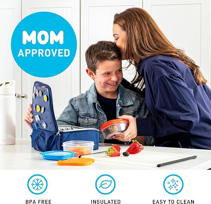 Fit & Fresh Charm Lunch Bag For Kids, Thermal Insulated Lunch Box For Kids Boys & Girls With Shoe Charm Slots For Personalization, School Lunch Box, Navy Blue