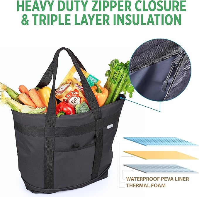 Jumbo Insulated Cooler Bag (Black) with HD Thermal Insulation - Premium, Collapsible Soft Cooler Makes a Perfect Insulated Grocery Bag, Food Delivery Bag, Travel Bag, Beach or Picnic Bags