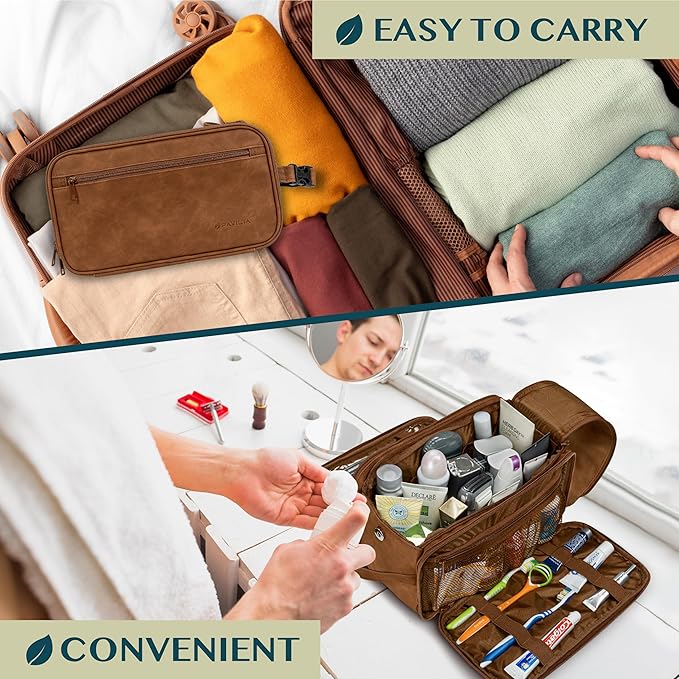 PAVILIA Large Toiletry Bag for Men Women, Mens Travel Bag Toiletries Organizer Case for Grooming, Travel Essentials Shaving Dopp Kit, PU Leather Water Resistant Cosmetic Pouch, Brown
