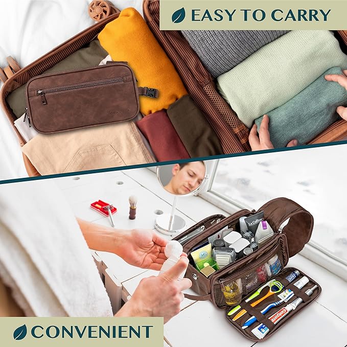 PAVILIA Toiletry Bag for Men Women, Mens Travel Bag Toiletries Organizer Case for Grooming, Travel Essentials Shaving Dopp Kit, PU Leather Water Resistant Cosmetic Pouch, Dark Brown