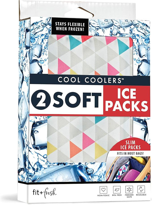 Cool Coolers by Fit & Fresh 2 Pack Soft Ice, Flexible Stretch Nylon Reusable Ice Packs for Lunch Boxes & Coolers, Multi-Colored