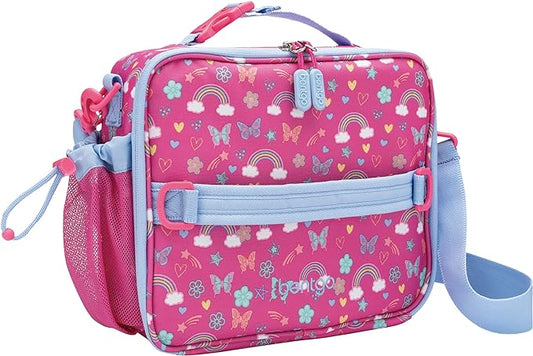 Bentgo Kids Lunch Bag - Durable, Double-Insulated Lunch Bag for Kids 3+; Holds Lunch Box, Water Bottle, & Snacks; Easy-Clean Water-Resistant Fabric & Multiple Zip Pockets (Rainbows & Butterflies)