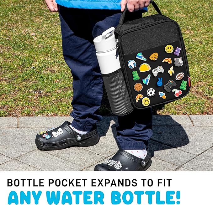 Fit & Fresh Lunch Box For Kids, Boys & Girls, School, Camp, Insulated Bag With Shoe Charm Slots For Personalization, Black