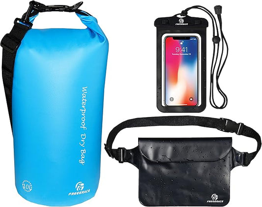 Waterproof Dry Bags Set of 3 Dry Bag with 2 Zip Lock Seals & Detachable Shoulder Strap, Waist Pouch & Phone Case - Can Be Submerged Into Water (Sky Blue, 20L)