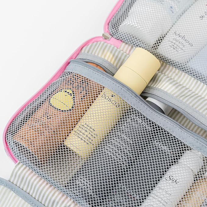 PAVILIA Hanging Toiletry Bag Travel Bag Women Men, Foldable Cosmetic Organizer, Roll up Makeup Bag, Water Resistant Accessories Toiletries, Large Travel Essentials Kit (Pink Stripe)
