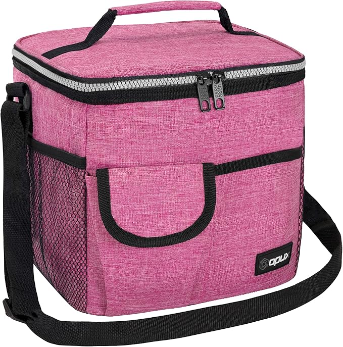 opux Insulated Lunch Bag for Men Women, Leakproof Heather Pink Lunch Box for Work, Portable Soft Lunch Cooler Bag with Shoulder Strap, Adult Lunchbox Lunch Pail for Kid Boy Girl School, 18 Can/10L