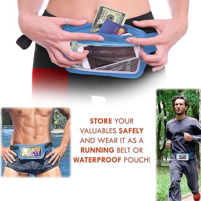 Ultimate Blue Waterproof Running Swimming Belt: Phone & Essentials Holder for Gym, Beach, Kayaking, Ski! Fits iPhone, Samsung - Touchscreen, IPX8 Rated Dry Waist Pouch - Adventure-Ready Performance!