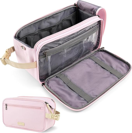PAVILIA Toiletry Bag for Women, Canvas Travel Dopp Kit, Water Resistant Hygiene Bag Toiletries Organizer, Shaving Kit Travel Accessories Bag, Pink, Extra Large
