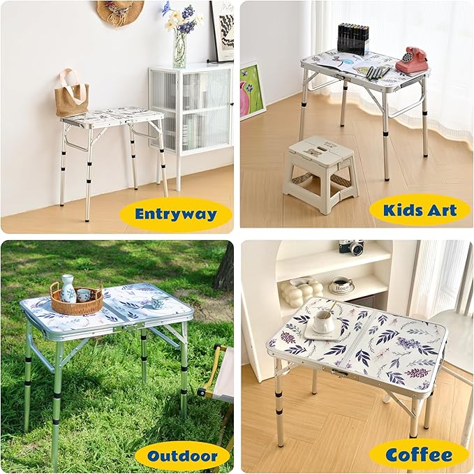 Folding Camping Table 2ft Portable Pinic Table Adjustable Height Small Card Table Aluminum Foldable Lightweight with Carry Handle for Outdoor Indoor Hiking Camp BBQ Beach (Misty Lilac)