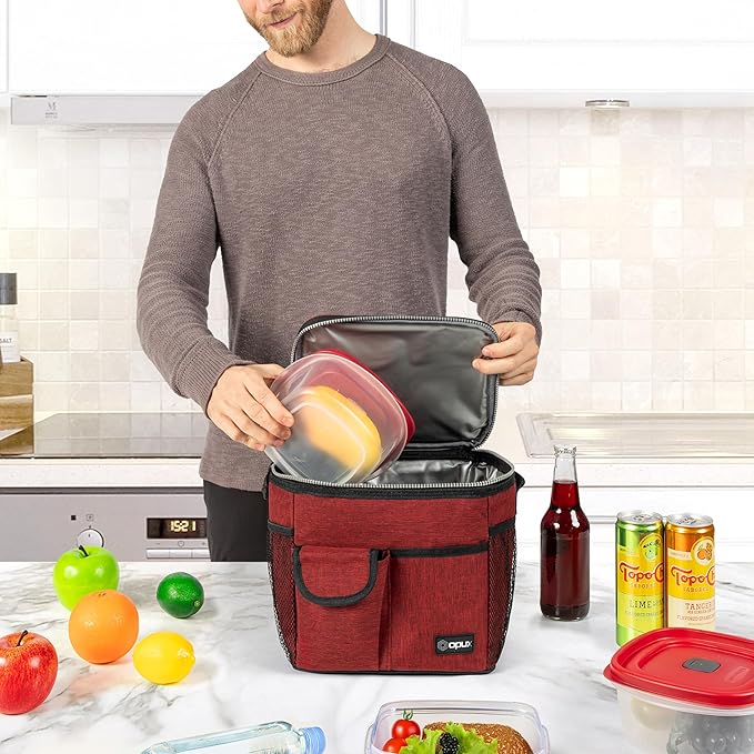 opux Insulated Lunch Bag for Men Women, Leakproof Heather Red Lunch Box for Work, Portable Soft Lunch Cooler Bag with Shoulder Strap, Adult Lunchbox Lunch Pail for Kid Boy Girl School, 18 Can/10L