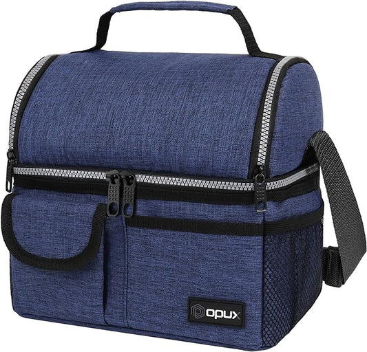 OPUX Lunch Box for Men, Adult Lunch Box Cooler, Insulated Lunch Bag Women, Dual Compartment Lunchbox for Work, Leakproof Double Decker Lunch Bag, Soft Lunch Pail Tote Boys Girls Kids School, Navy Blue