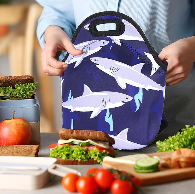 Violet Mist Blue Neoprene Lunch Bag Tote Shark Large Insulated Lunch Containers Waterproof Soft Thermal Lunch Box for Men Women Washable Cartoon Reusable Bento Bag for Adult Picnic Work Travel, Shark1