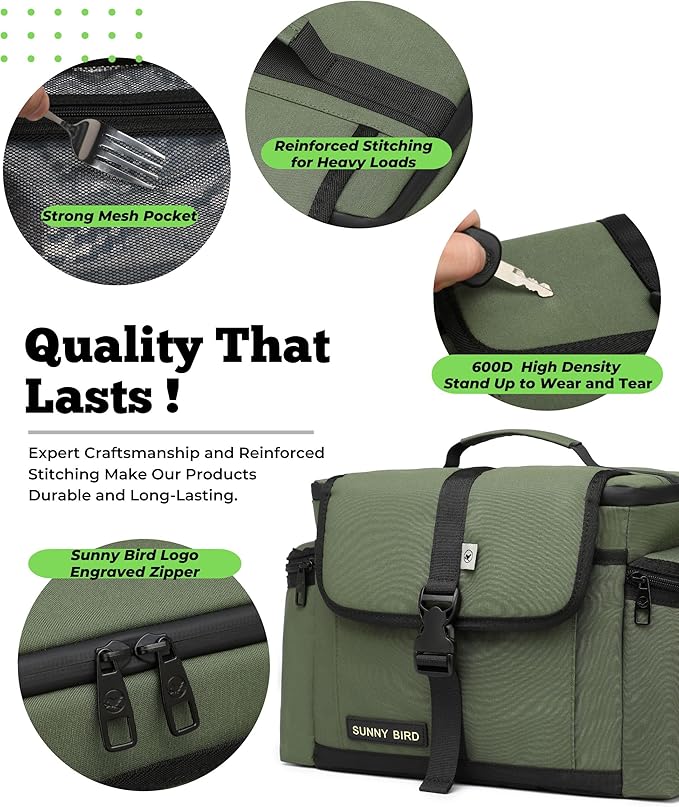 SUNNY BIRD 15L Insulated Lunch Bag with Foldable and Leakproof Design, Thermally Insulated, Shoulder Strap for Women, Men (Khaki Green)