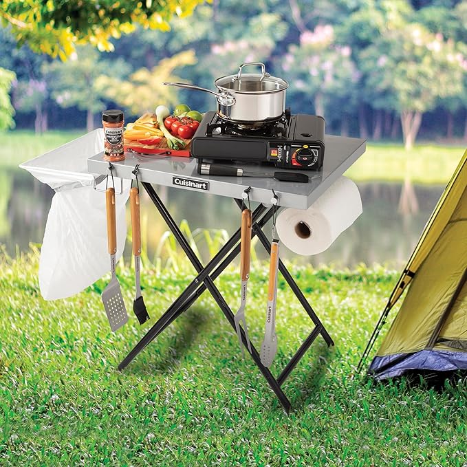 Cuisinart Fold ‘n Go Prep Table, Portable Folding Table and Grill Stand with Tool hooks, Trash Bag Holder, Paper Towel Rack, 24” x 20” Steel Food Prep Station Perfect for BBQs, Tailgates and Camping