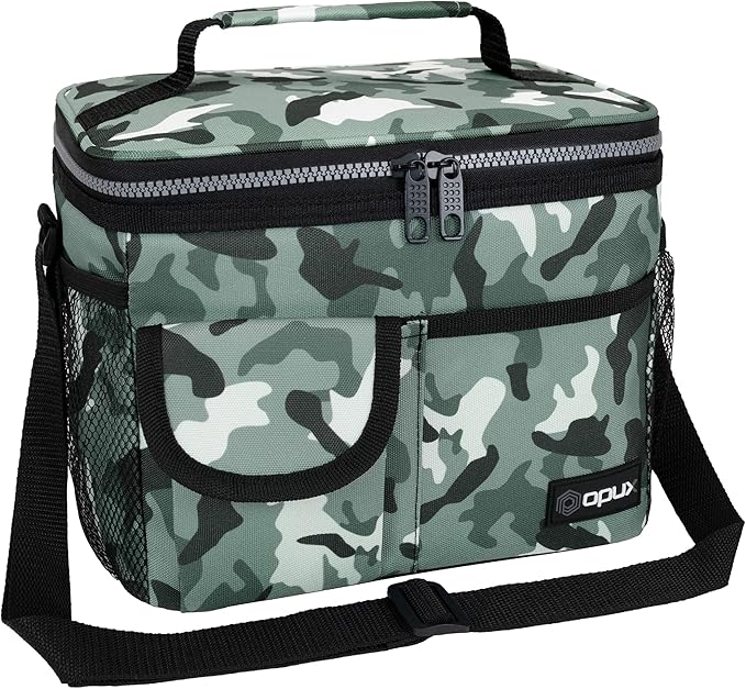 opux Insulated Lunch Bag for Men Women, Leakproof Camo Green Lunch Box for Work, Portable Soft Lunch Cooler Bag with Shoulder Strap, Adult Lunchbox Lunch Pail for Kid Boy Girl School, 14 Can/8L