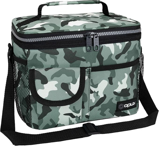 opux Insulated Lunch Bag for Men Women, Leakproof Camo Green Lunch Box for Work, Portable Soft Lunch Cooler Bag with Shoulder Strap, Adult Lunchbox Lunch Pail for Kid Boy Girl School, 14 Can/8L