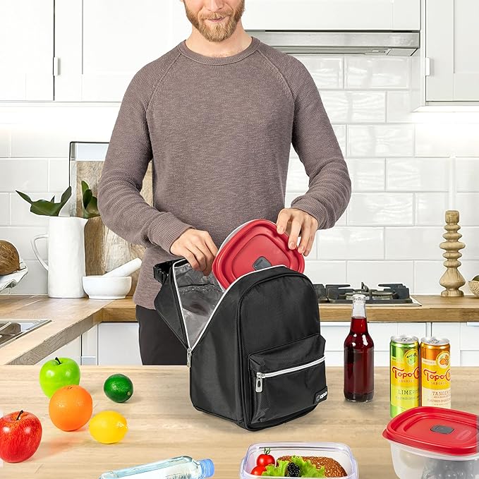 opux Lunch Box for Girls Boys Kids, Insulated Leakproof Lunch Bag, Reusable Teen Lunch Boxes for School, Medium Large lunchbox for Women Men Adult for Work with Front Back Pocket (Black)