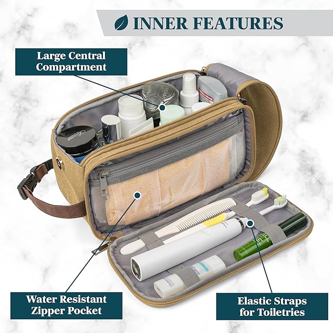 PAVILIA Toiletry Bag for Men, Canvas Travel Dopp Kit, Water Resistant Hygiene Bag Toiletries Organizer, Shaving Kit Travel Accessories Bag, Tan Khaki