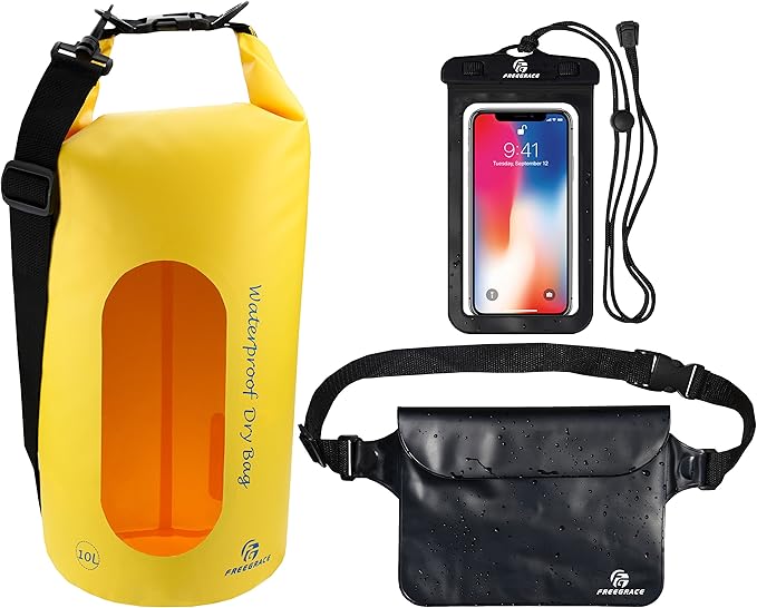 Waterproof Dry Bags Set of 3 Dry Bag with 2 Zip Lock Seals & Detachable Shoulder Strap, Waist Pouch & Phone Case - Can Be Submerged Into Water - for Swimming (Yellow(Window), 20L)