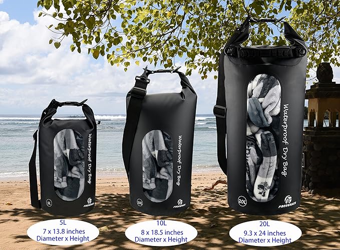 Waterproof Dry Bags Set of 3 Dry Bag with 2 Zip Lock Seals & Detachable Shoulder Strap, Waist Pouch & Phone Case - Can Be Submerged Into Water - for Swimming (Black(Window), 10L)