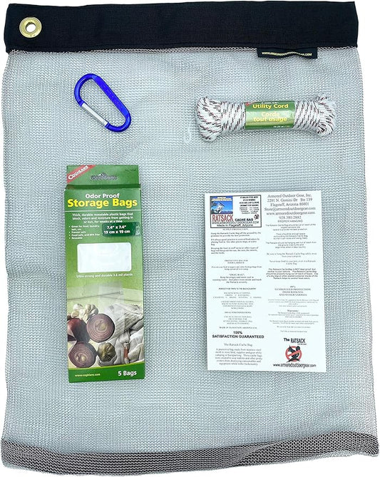 The Camping Bundle - Ultralight Rodent Proof Dry Bag for Backpacking - Bear Bag Food Storage for Camping with Coghlans Odor Proof Bag, Survival Utility Rope and Carabiner (Small)