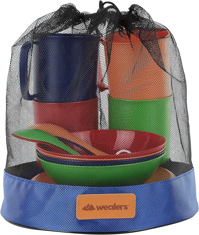 Camping Mess Kit, 16-Piece Dinnerware Set with Sporks, Plates, Bowls and Mugs, 4 Person Backpacking Lunch Gear with Mesh Travel Bag, 4 Colors, BPA Free Tableware