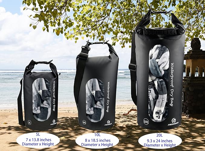 Waterproof Dry Bags Set Of 3 Dry Bag With 2 Zip Lock Seals & Detachable Shoulder Strap, Waist Pouch & Phone Case - Can Be Submerged Into Water - For Swimming (Black(Window), 5L)